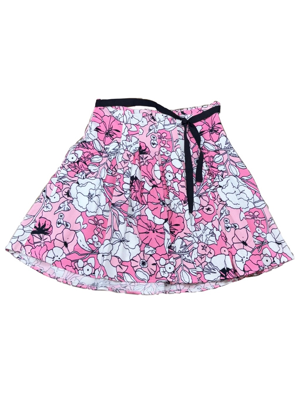 Y2K Pink Floral A-Line pleated Skirt with Black Waist Tie